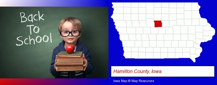 the back-to-school concept; Hamilton County, Iowa highlighted in red on a map