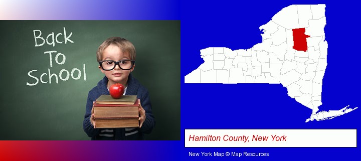 the back-to-school concept; Hamilton County, New York highlighted in red on a map