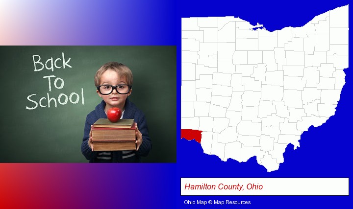the back-to-school concept; Hamilton County, Ohio highlighted in red on a map
