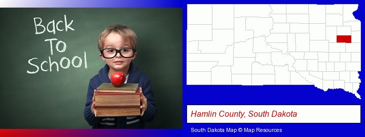the back-to-school concept; Hamlin County, South Dakota highlighted in red on a map