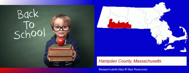 the back-to-school concept; Hampden County, Massachusetts highlighted in red on a map