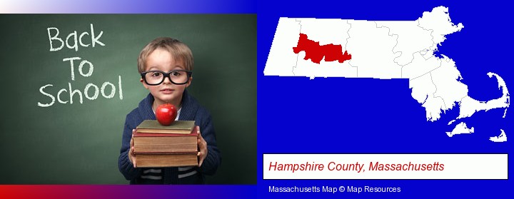 the back-to-school concept; Hampshire County, Massachusetts highlighted in red on a map