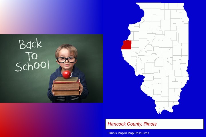 the back-to-school concept; Hancock County, Illinois highlighted in red on a map