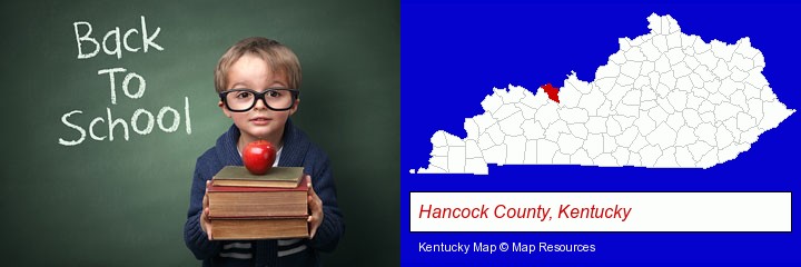 the back-to-school concept; Hancock County, Kentucky highlighted in red on a map