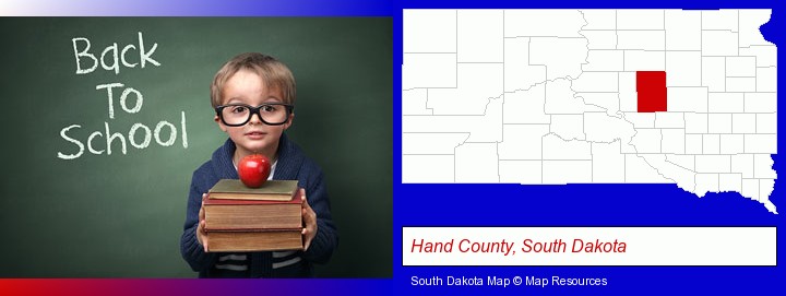 the back-to-school concept; Hand County, South Dakota highlighted in red on a map