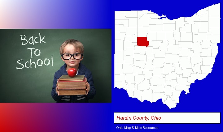 the back-to-school concept; Hardin County, Ohio highlighted in red on a map