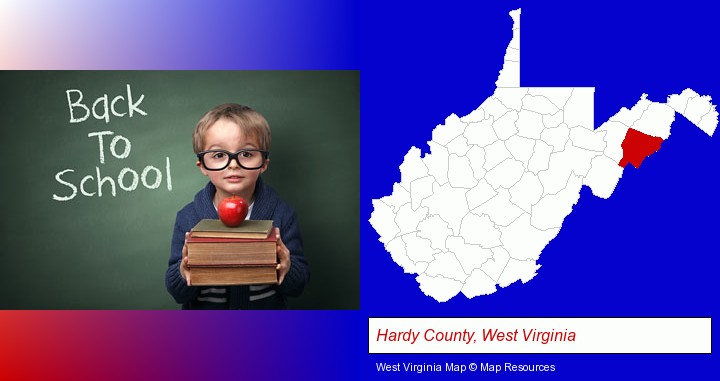the back-to-school concept; Hardy County, West Virginia highlighted in red on a map