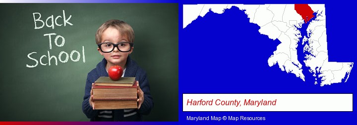 the back-to-school concept; Harford County, Maryland highlighted in red on a map
