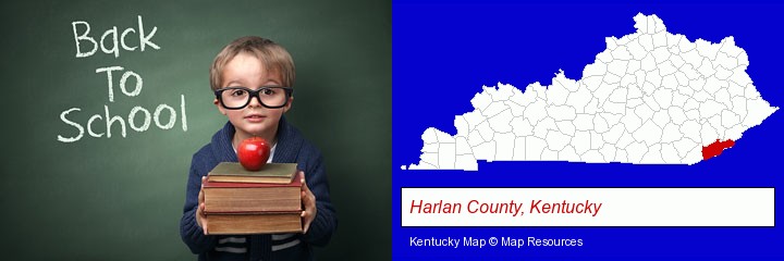 the back-to-school concept; Harlan County, Kentucky highlighted in red on a map