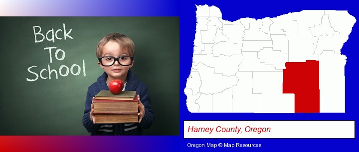 the back-to-school concept; Harney County, Oregon highlighted in red on a map