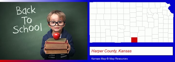 the back-to-school concept; Harper County, Kansas highlighted in red on a map
