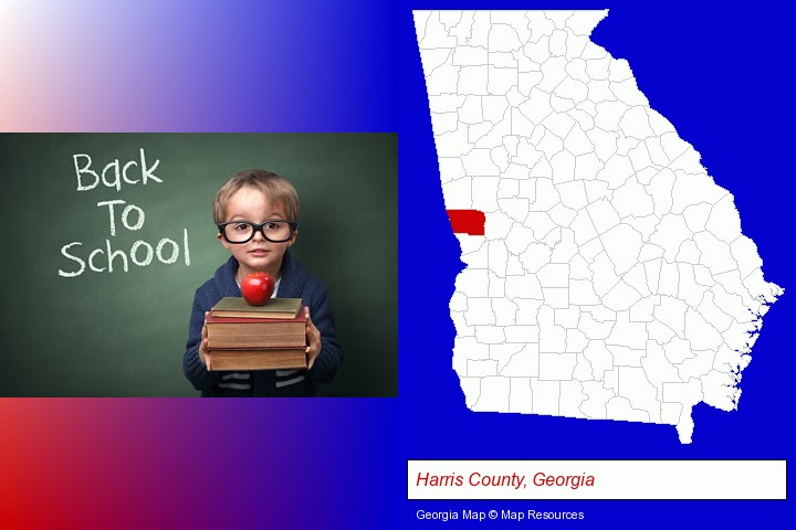 the back-to-school concept; Harris County, Georgia highlighted in red on a map
