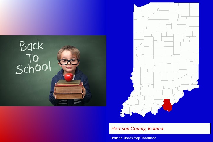 the back-to-school concept; Harrison County, Indiana highlighted in red on a map