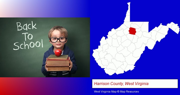the back-to-school concept; Harrison County, West Virginia highlighted in red on a map