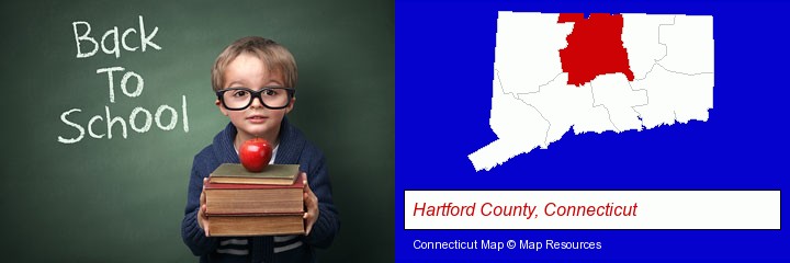 the back-to-school concept; Hartford County, Connecticut highlighted in red on a map