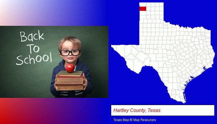 the back-to-school concept; Hartley County, Texas highlighted in red on a map