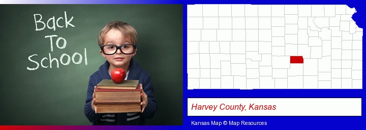 the back-to-school concept; Harvey County, Kansas highlighted in red on a map