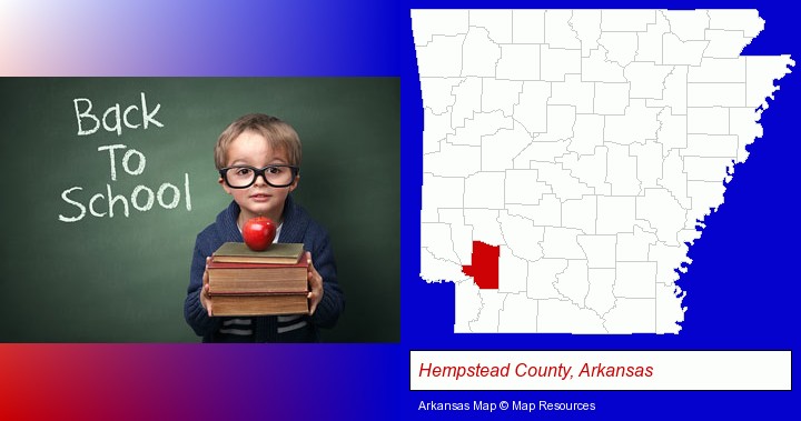 the back-to-school concept; Hempstead County, Arkansas highlighted in red on a map