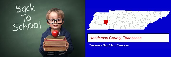 the back-to-school concept; Henderson County, Tennessee highlighted in red on a map