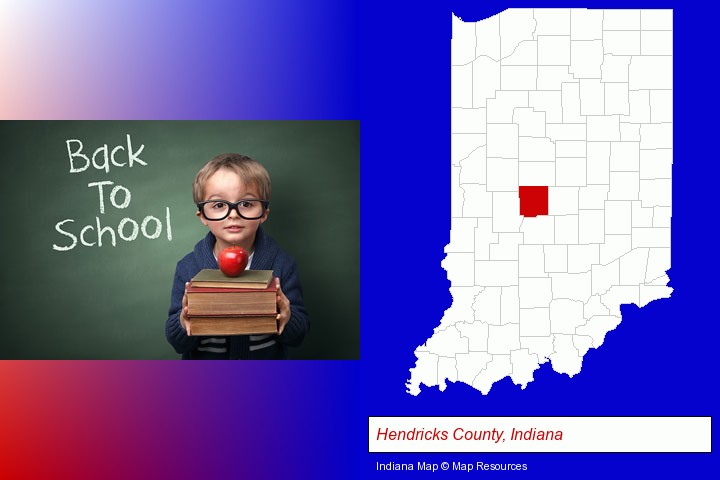 the back-to-school concept; Hendricks County, Indiana highlighted in red on a map