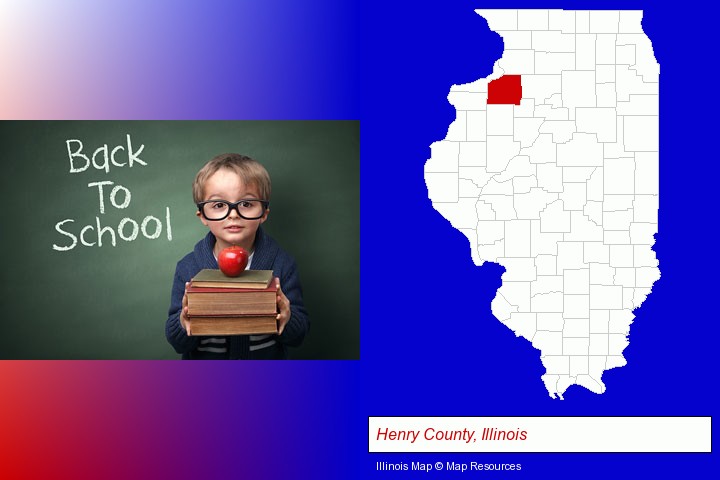 the back-to-school concept; Henry County, Illinois highlighted in red on a map