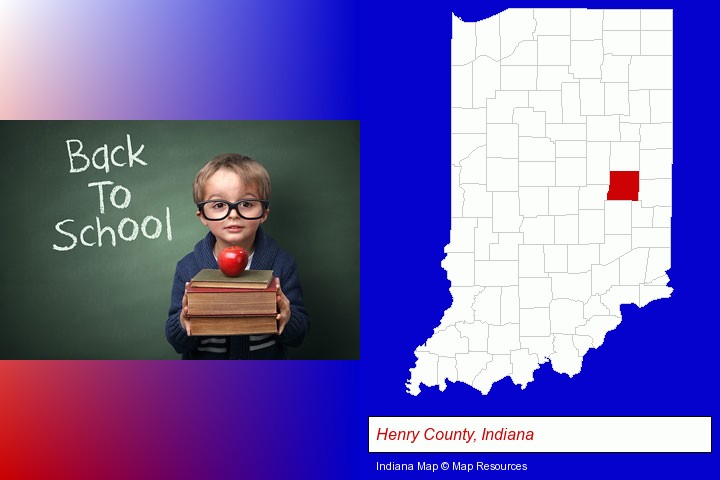 the back-to-school concept; Henry County, Indiana highlighted in red on a map