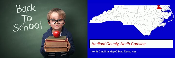 the back-to-school concept; Hertford County, North Carolina highlighted in red on a map