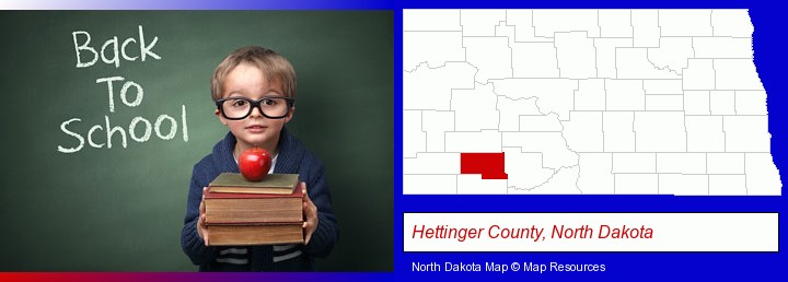 the back-to-school concept; Hettinger County, North Dakota highlighted in red on a map