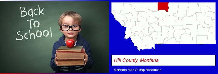 the back-to-school concept; Hill County, Montana highlighted in red on a map
