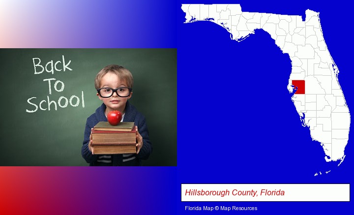 the back-to-school concept; Hillsborough County, Florida highlighted in red on a map