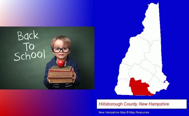 the back-to-school concept; Hillsborough County, New Hampshire highlighted in red on a map