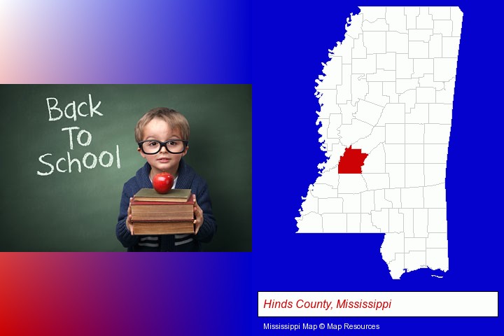 the back-to-school concept; Hinds County, Mississippi highlighted in red on a map