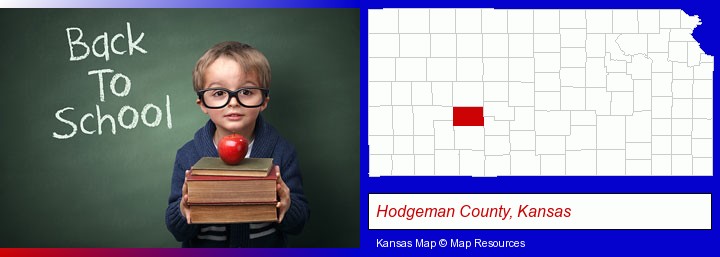 the back-to-school concept; Hodgeman County, Kansas highlighted in red on a map