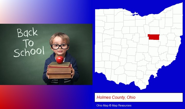 the back-to-school concept; Holmes County, Ohio highlighted in red on a map