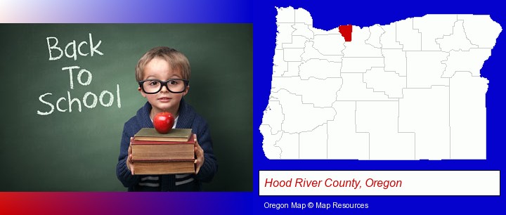 the back-to-school concept; Hood River County, Oregon highlighted in red on a map