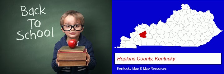 the back-to-school concept; Hopkins County, Kentucky highlighted in red on a map