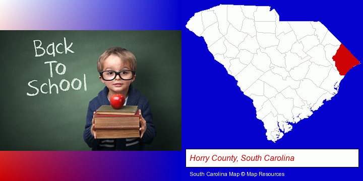 the back-to-school concept; Horry County, South Carolina highlighted in red on a map
