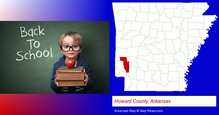 the back-to-school concept; Howard County, Arkansas highlighted in red on a map