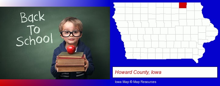 the back-to-school concept; Howard County, Iowa highlighted in red on a map