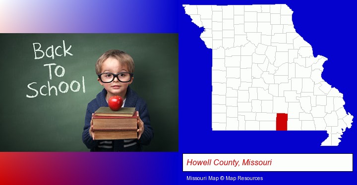 the back-to-school concept; Howell County, Missouri highlighted in red on a map