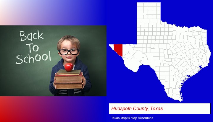 the back-to-school concept; Hudspeth County, Texas highlighted in red on a map