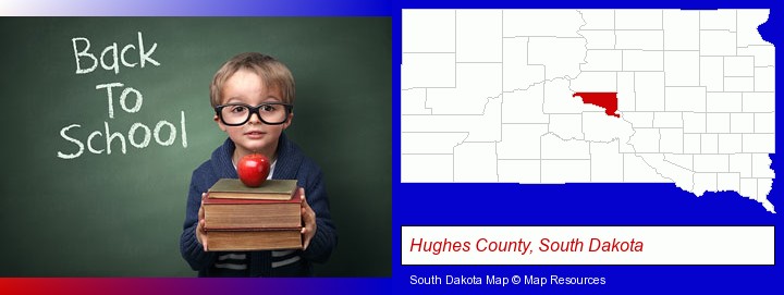 the back-to-school concept; Hughes County, South Dakota highlighted in red on a map