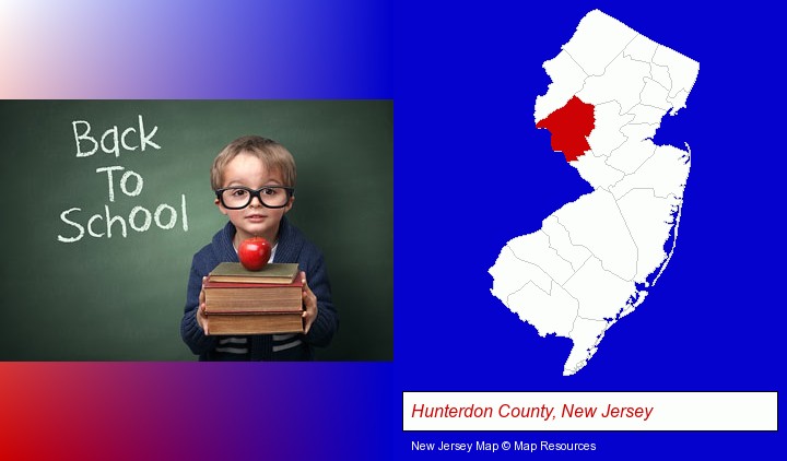 the back-to-school concept; Hunterdon County, New Jersey highlighted in red on a map