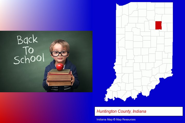 the back-to-school concept; Huntington County, Indiana highlighted in red on a map