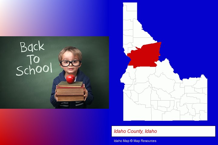 the back-to-school concept; Idaho County, Idaho highlighted in red on a map