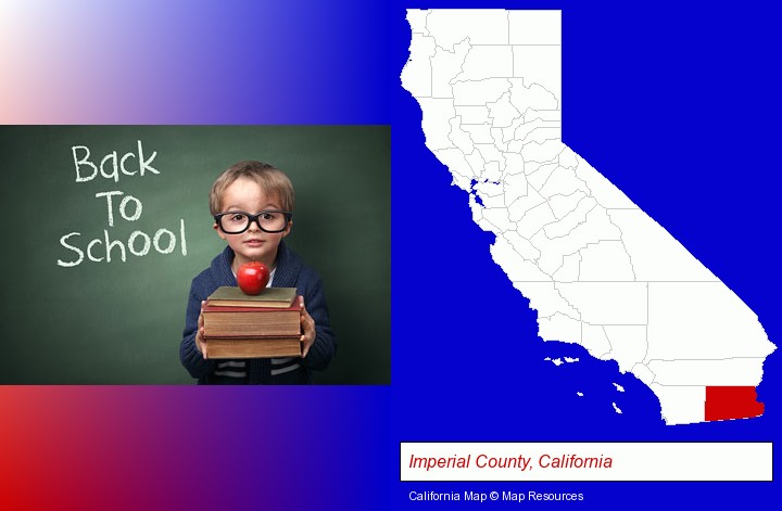 the back-to-school concept; Imperial County, California highlighted in red on a map