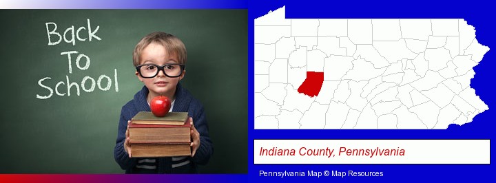 the back-to-school concept; Indiana County, Pennsylvania highlighted in red on a map