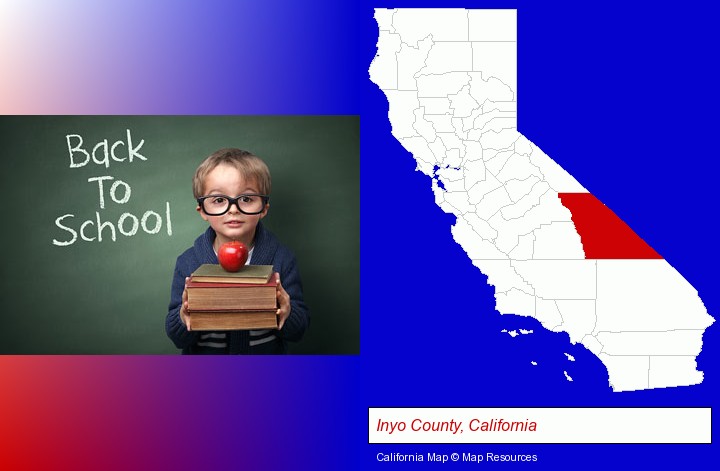the back-to-school concept; Inyo County, California highlighted in red on a map