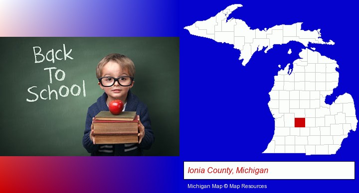 the back-to-school concept; Ionia County, Michigan highlighted in red on a map