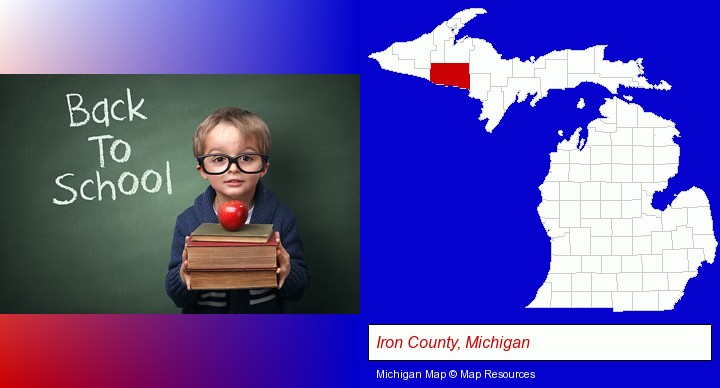 the back-to-school concept; Iron County, Michigan highlighted in red on a map